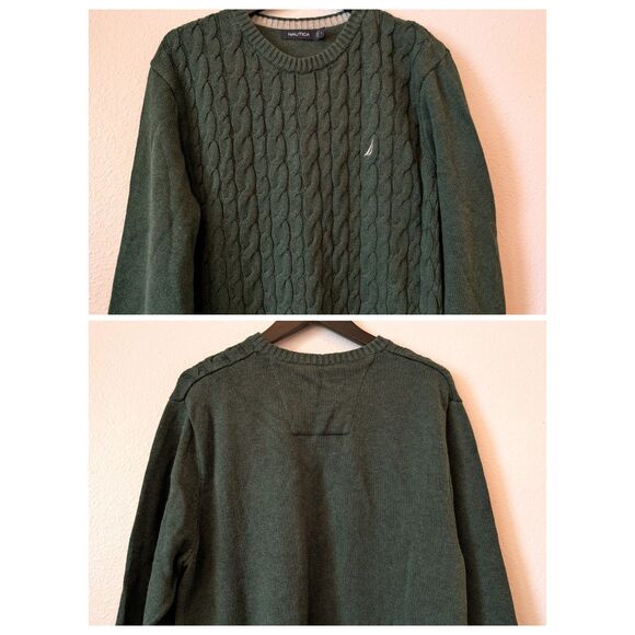Vtg.  Nautica crewneck cable-knit dark green long sleeve sweater  Sz L - Picture 2 of 8